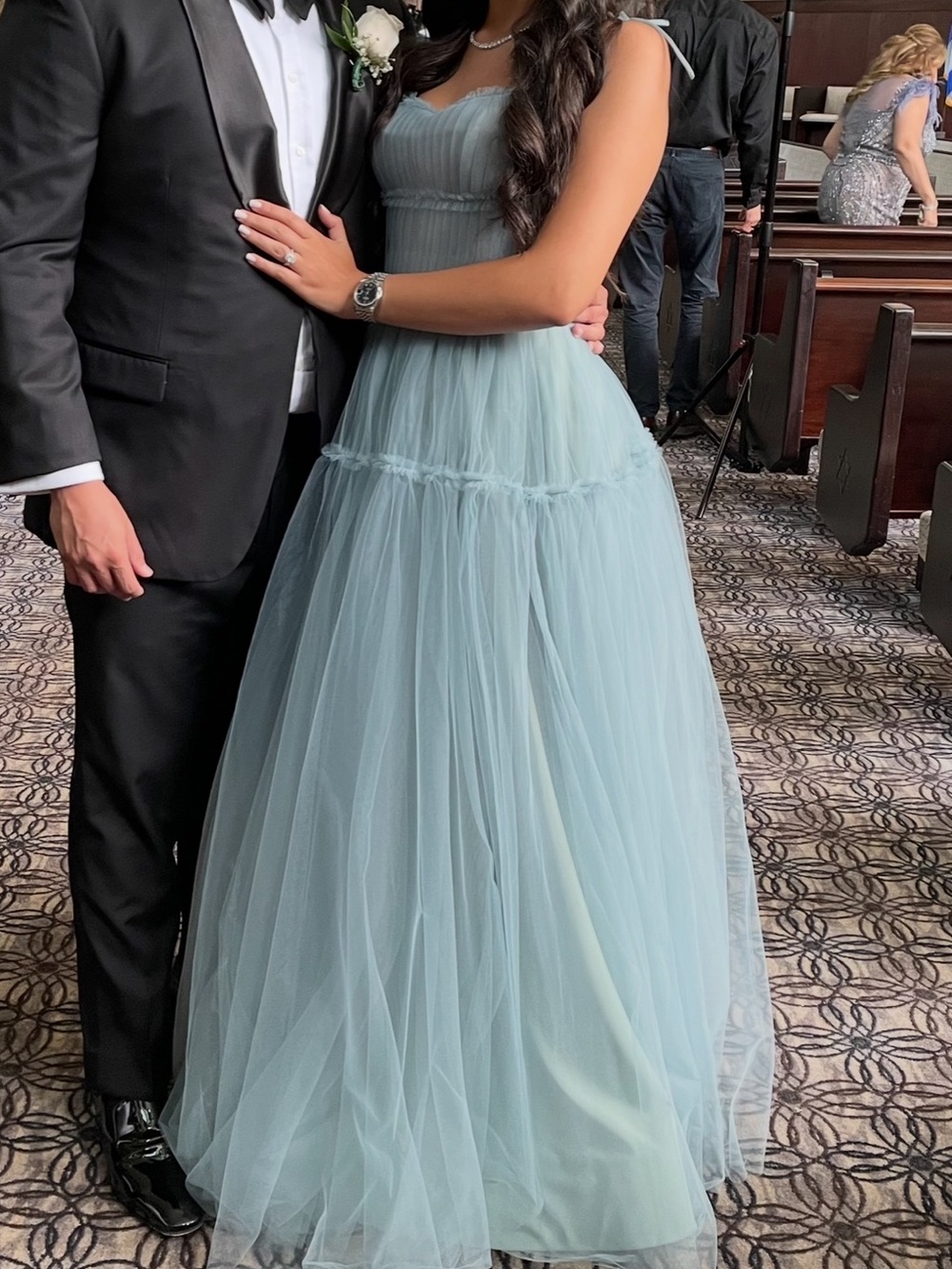 Milla Elegant Strapless Tulle Evening Gown in Sage Green